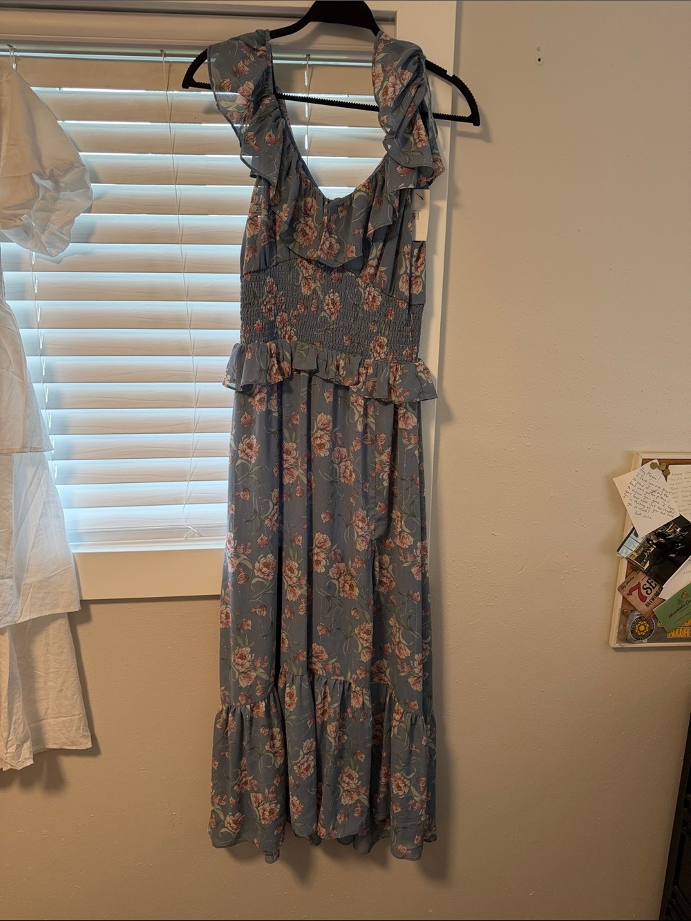 Dusty Blue Floral Maxi Dress with Ruffle Trim